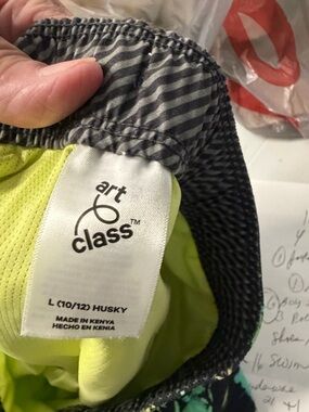 art class Lime Green & Gray Striped Swim Shorts large 10/12 husky